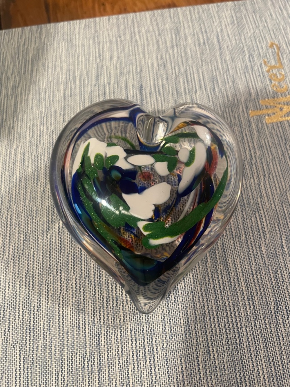 Hand-Blown Art Glass Heart Paperweight – Blue, Green & White Swirl (Signed)